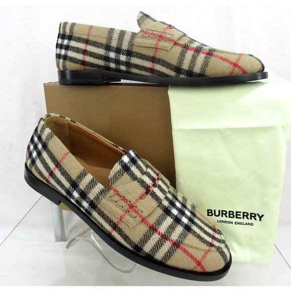 $790 BURBERRY HACKNEY BEIGE CHECK WOOL PENNY LOAFERS 43.5 US 10.5 ITALY - Picture 1 of 14